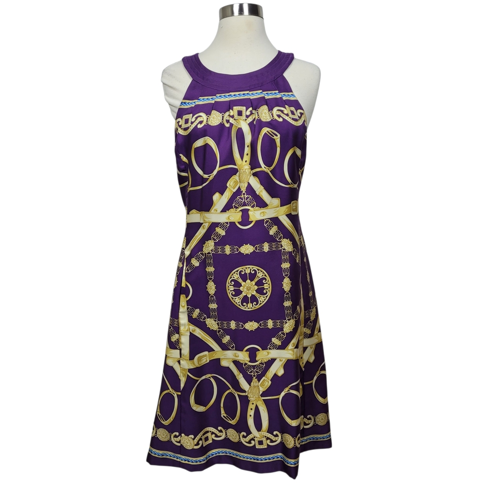 J. McLaughlin 100% Silk Chic Purple Gold A-line Chainlink Halter Dress Size 6